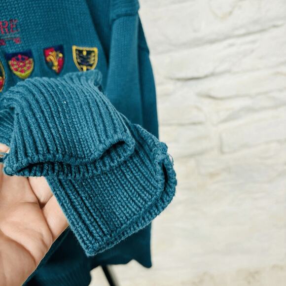 Structure Ramie Cotton Crewneck Sweater Embroidered Logo Turquoise Vintage 90's - Picture 5 of 6